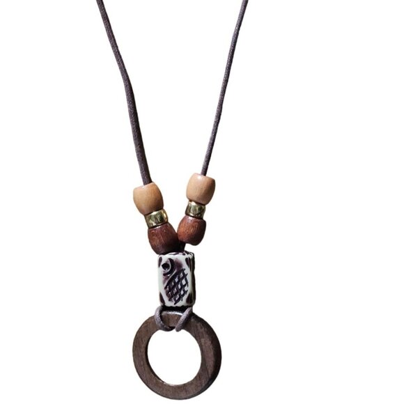 Handmade Boho Wooden Bead Tribal Ceramic Pendant Necklace Earthy Fashion Jewelry - Picture 1 of 8